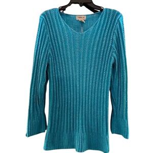 Tribeca Studio Sweater Womens M Turquoise Blue Metallic V-Neck Y2K Coastal Knit
